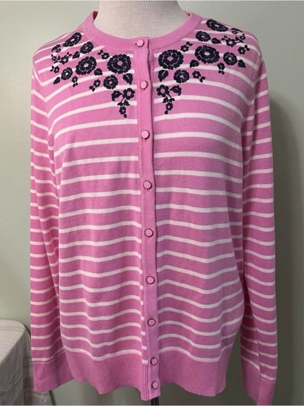 Charter Club Women's Cotton Blend Cardigan Striped Floral Embellishments XL